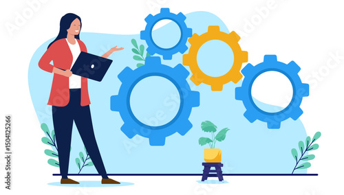 Woman working on computer with cogwheels - Female businessperson in work process standing holding laptop and looking at business machinery smiling. Flat design vector illustration on white background