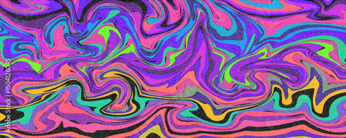 Acid colorful abstract background with wavy psychedelic shapes and grainy texture. Vibrant vector pattern.