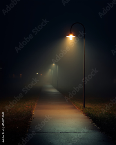 Street lamp night fog pathway light darkness illuminated outdoor park mist quiet empty glow metal pole walkway atmosphere moody solitude cold urban night scene shadow light beam evening mysterious