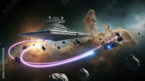 Futuristic spaceship navigating through an asteroid field near a massive space station in deep space