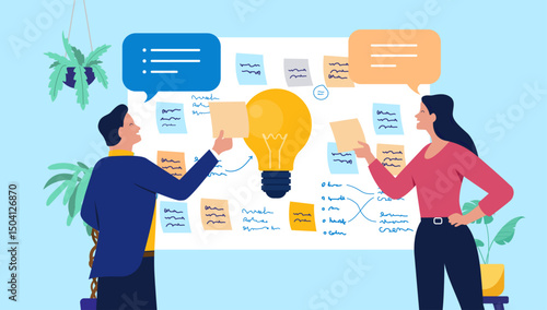 Brainstorming idea people - Two people in workshop using sticky notes working on ideas and innovation solving problem with new approaches. Flat design business vector illustration graphic