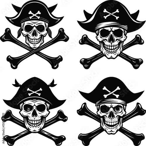 Pirate skull collection with crossbones and pirate hat illustration