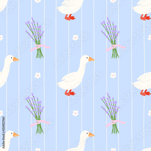 Seamless pattern with kawaii goose, lavender, and flowers. Perfect for childrens products, fabric, and countryside-themed designs