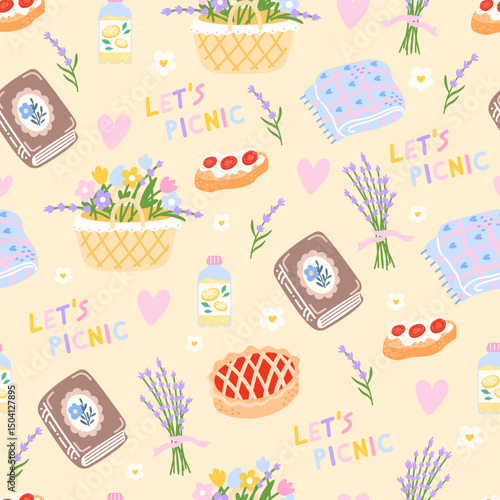 Cute and cozy Seamless picnic pattern with kawaii summer elements, basket, blanket, flowers, and sweet treats in pastel colors