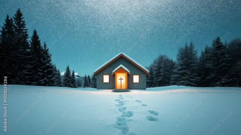 Cozy cabin with illuminated windows amidst snowy night and falling snowflakes Cozy cabin with illuminated windows amidst snowy night and falling snowflakes