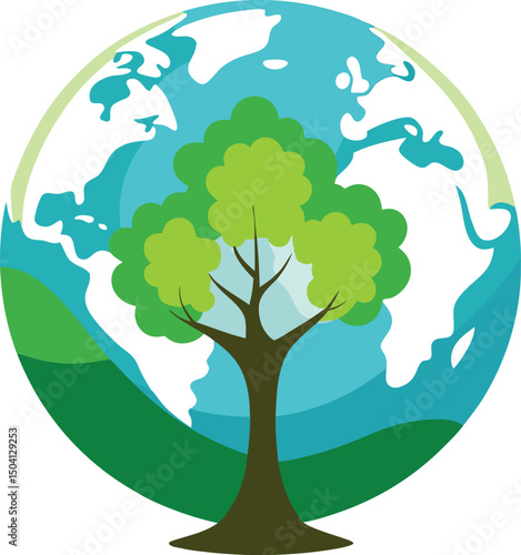 A lush green tree standing tall on a vibrant earth globe illustration