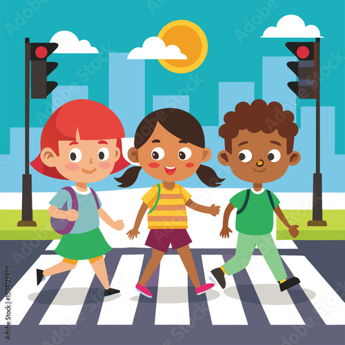 Diverse children safely crossing the street at a pedestrian crossing