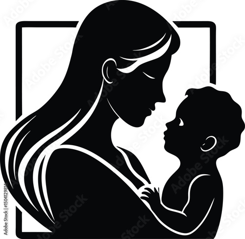 Silhouette of a mother and baby in a square frame a tender moment of maternal love and care