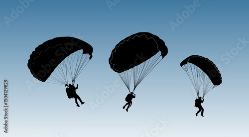 Silhouette of three paragliders descending under large canopies against a clear blue sky. A dramatic skydiving scene.
