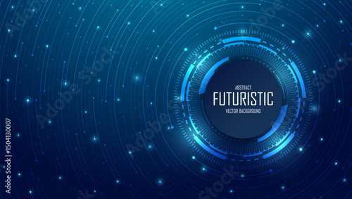 Abstract concentric circles tech circuit on technology dark blue background. Circular lines and dot connections. Big data transmission and, Artificial Intelligence concept. Vector illustration.