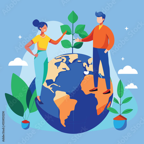 Collaborative environmental stewardship a man and woman nurturing a growing plant on earth