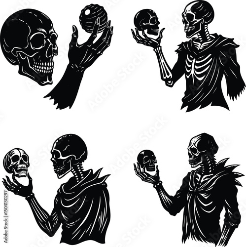 Illustrations of skeletons holding skulls and orbs in black and white