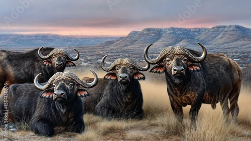 Majestic Herd of Cape Buffalos Grazing at Dusk on African Savannah with Stunning Landscape in Background