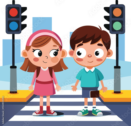 Cartoon illustration of two children safely crossing a pedestrian crossing with traffic lights