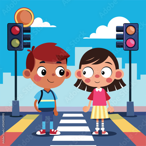 Cartoon children safely crossing the street at a pedestrian crossing with traffic lights