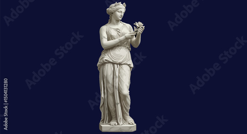 A breathtakingly detailed, high-contrast, ultra-high-resolution vector illustration of the Greek goddess Aphrodite as a flawless, full-length marble statue. 