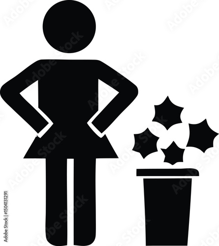 Woman disposing of waste into a trash can icon graphic