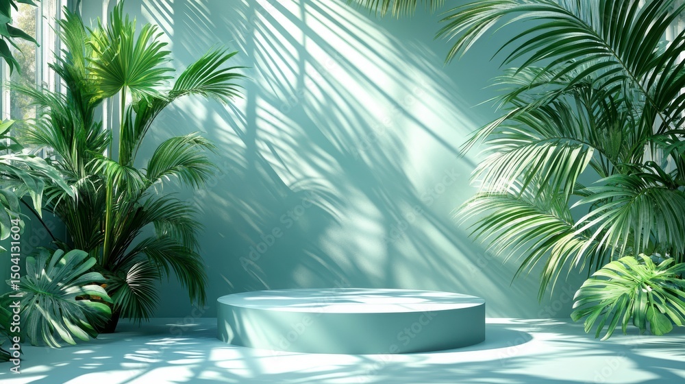 Fototapeta premium Tropical Plant and Podium with Light and Shadows for Product Display