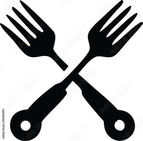 Abstract black and white image of two forks crossed in an x shape with circular handles