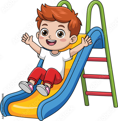 Happy boy sliding down a playground slide
