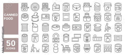 Set of 50 line icons related to canned food, tuna, meat, pack, pickled, fruits, jar, tin can, Editable stroke. Vector illustration