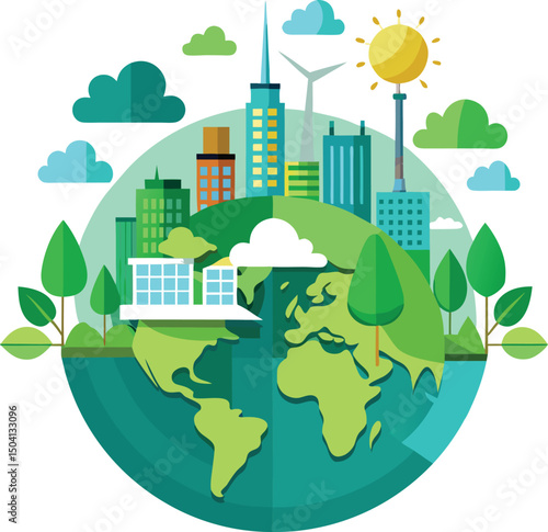 Eco friendly cityscape on a green planet sustainable urban development and renewable energy sources