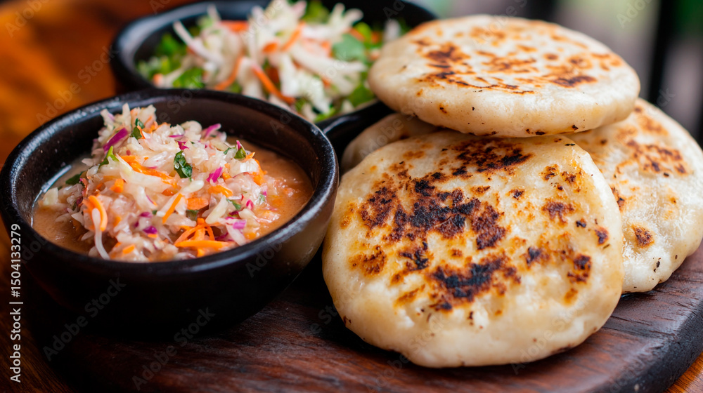 A delicious spread of arepas and slaw on a wooden board, ready to be devoured. A delicious spread of arepas and slaw on a wooden board, ready to be devoured.
