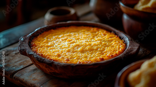 Baked corn pudding in rustic pottery on wooden table, warm inviting atmosphere.