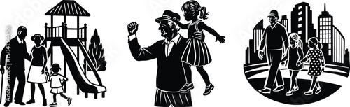 Family activities and white illustrations depicting different generations enjoying time together in various settings