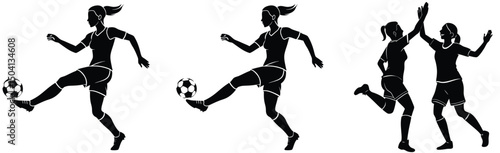 Female soccer player silhouettes in action celebrating success and kicking ball with elegance