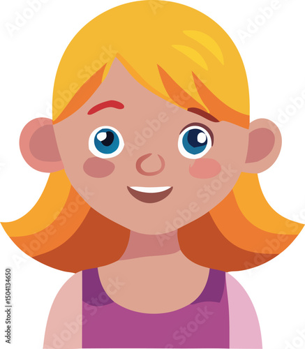 A cheerful cartoon illustration of a young girl with blonde hair and a purple dress
