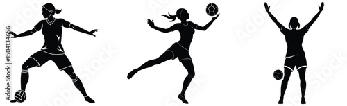 Female soccer player silhouettes in various poses action shots isolated on white background