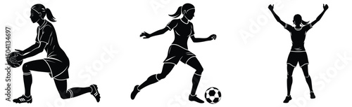 Female soccer players in action silhouette vector set kicking celebrating and preparing