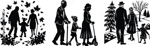 Generational silhouettes three scenes depicting families with grandparents children and active lifestyles