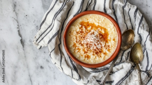 Traditional arroz con leche in a terracotta bowl, sprinkled with cinnamon and served on rustic linen