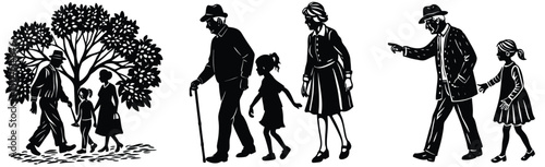 Generations together grandparents with grandchildren in various poses walking and enjoying time together