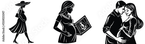 Pregnancy and parenthood silhouette collection expecting mother couple and maternal joy illustrations
