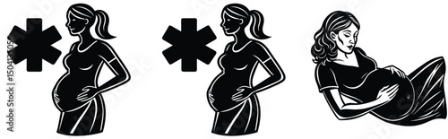 Pregnant woman illustrations with medical symbol depicting maternity care and health in and white