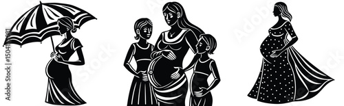 Pregnant women illustrations showing different gestation stages and family scenarios in and white monochrome style