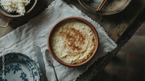 Traditional arroz con leche in a terracotta bowl, sprinkled with cinnamon and served on rustic linen