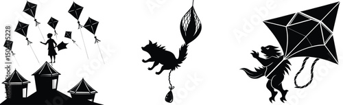 Silhouette dreamscapes featuring a girl kites a flying fox and dragon in and white