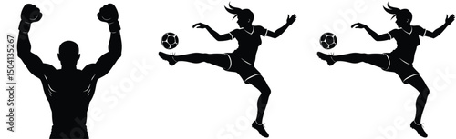 Silhouette illustration featuring a victorious boxer and female soccer players in action poses
