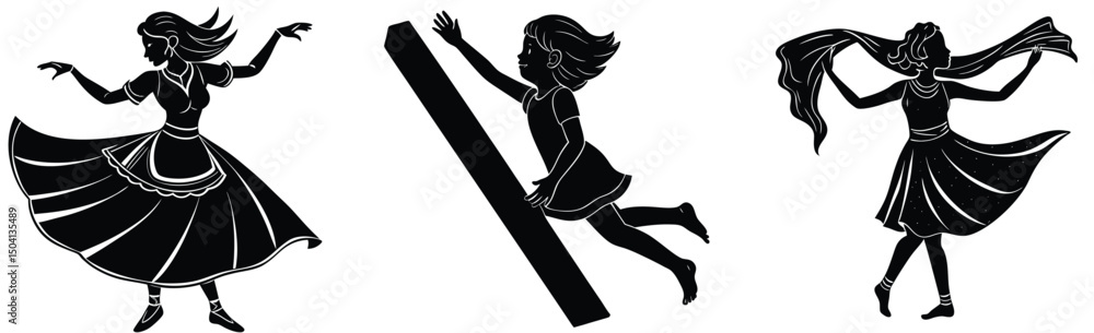 Silhouette illustrations of women dancing and flying a symbol of joy and freedom in and white Silhouette illustrations of women dancing and flying a symbol of joy and freedom in and white