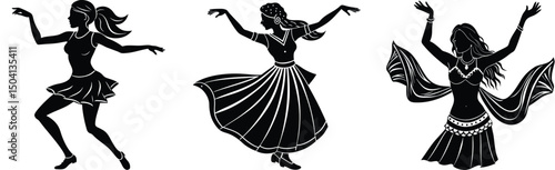 Silhouette illustrations featuring three women in diverse dance styles and traditional attire