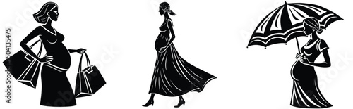 Silhouette illustrations of pregnant women in dresses shopping walking and holding an umbrella