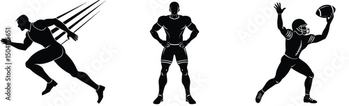Silhouetted athletic men performing sports activities runner bodybuilder and football player and white vector