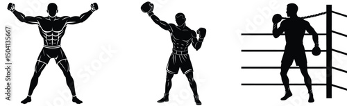 Silhouetted boxers displaying strength and strategy in the ring ready for fighting and training