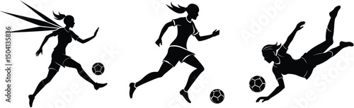 Soccer women silhouettes set playing kicking and jumping with the ball in various action poses