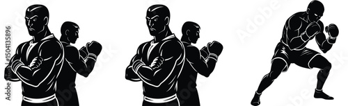 Strong boxer silhouette set vector illustration showing different poses and attitudes of a fighter