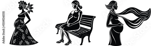Three pregnant women silhouette set elegant and white illustrations expecting mothers and artistic designs